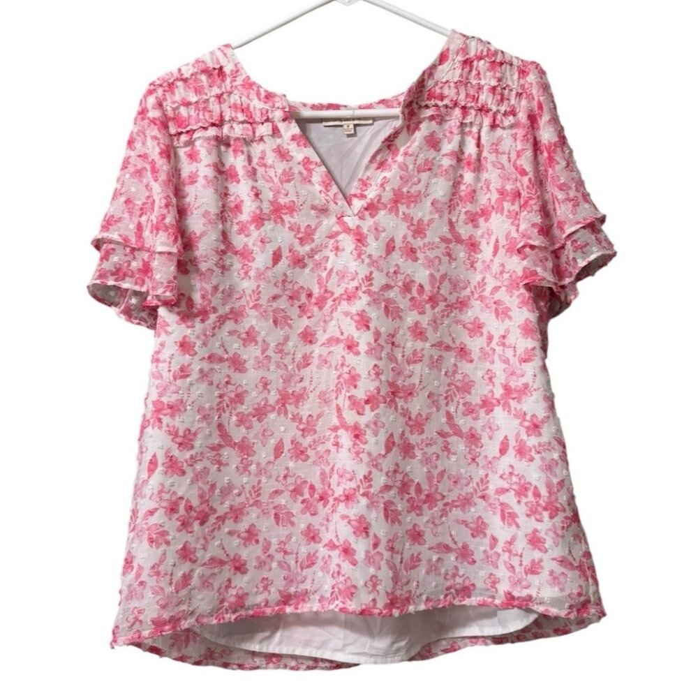 Skies Are Blue White and Pink Floral Print Smocked Flutter Sleeve Blouse Medium‎